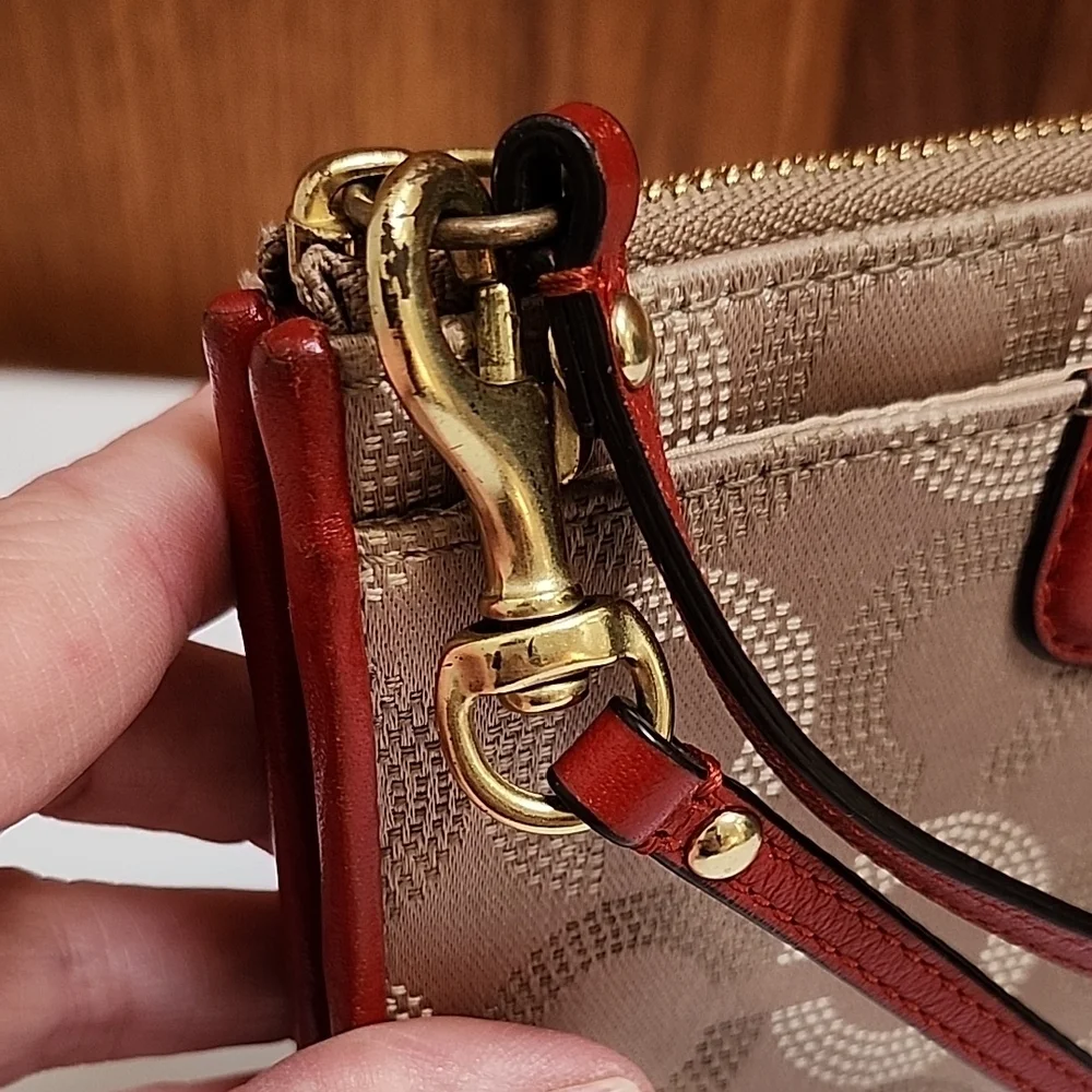 Coach Tan and Red Signature Wristlet
